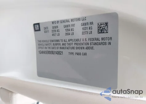 2011 Buick Lucerne Cx from USA, damaged, VIN 1G4HA5EMXBU143621